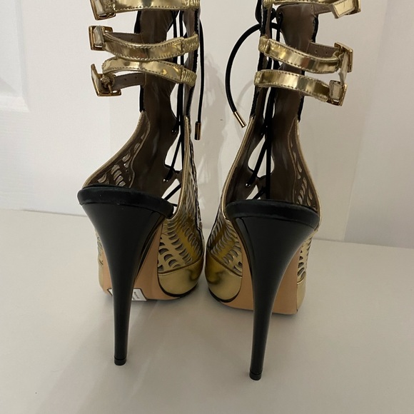 VERSACE | Gold Black Lace Up Gladiator Patent Leather Shoes Perforated Heels 36 - Picture 9 of 16